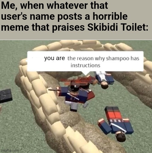 title | Me, when whatever that user's name posts a horrible meme that praises Skibidi Toilet:; you are | image tagged in shampoo,instructions | made w/ Imgflip meme maker