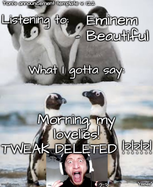 AmeTonian announcement template v 1.2.2 | Eminem - Beautiful; Morning, my lovelies!
TWEAK DELETED !?!?!?! | image tagged in ametonian announcement template v 1 2 2 | made w/ Imgflip meme maker