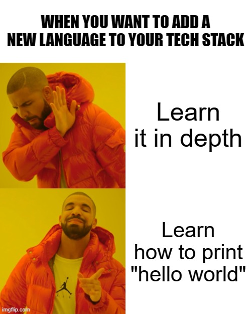 Developers thing | WHEN YOU WANT TO ADD A NEW LANGUAGE TO YOUR TECH STACK; Learn it in depth; Learn how to print "hello world" | image tagged in memes,drake hotline bling,technology,programming | made w/ Imgflip meme maker