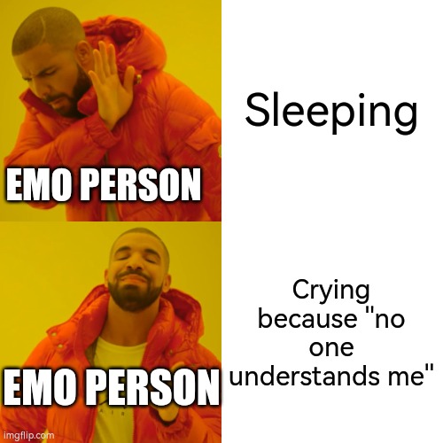 Emo people be like | Sleeping; EMO PERSON; Crying because ''no one understands me''; EMO PERSON | image tagged in memes,drake hotline bling | made w/ Imgflip meme maker