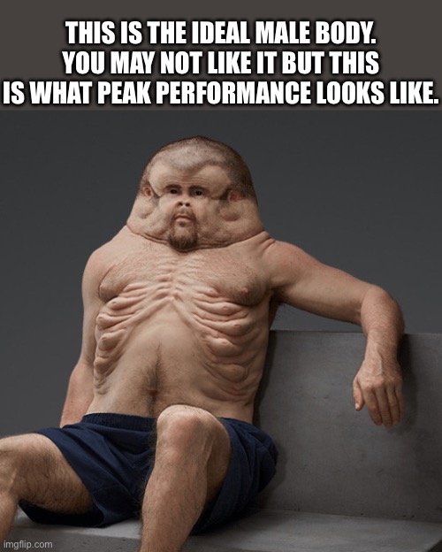 THIS IS THE IDEAL MALE BODY. YOU MAY NOT LIKE IT BUT THIS IS WHAT PEAK PERFORMANCE LOOKS LIKE. | image tagged in memes,shitpost,lol,humor,male,dank memes | made w/ Imgflip meme maker