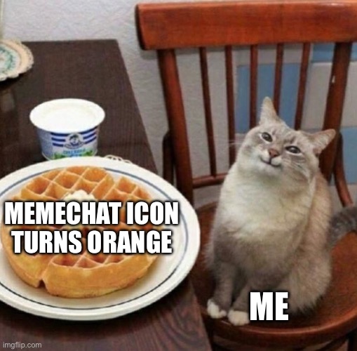 Cat likes their waffle | MEMECHAT ICON TURNS ORANGE; ME | image tagged in cat likes their waffle | made w/ Imgflip meme maker