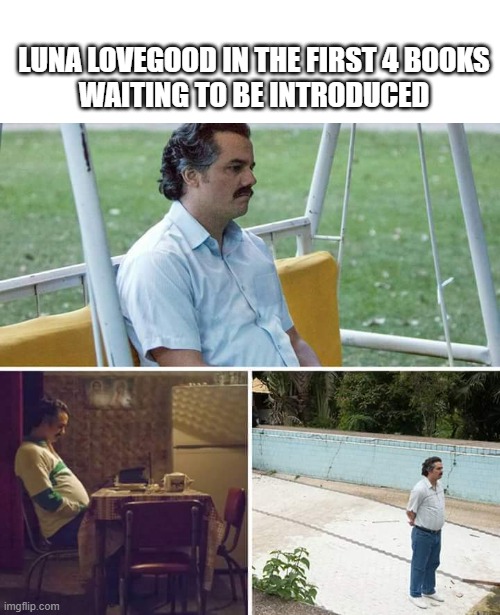Sad Pablo Escobar | LUNA LOVEGOOD IN THE FIRST 4 BOOKS
WAITING TO BE INTRODUCED | image tagged in memes,sad pablo escobar | made w/ Imgflip meme maker