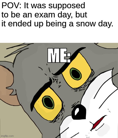 The exams keep me away all January. Wish me luck. | POV: It was supposed to be an exam day, but it ended up being a snow day. ME: | image tagged in memes,unsettled tom,exam | made w/ Imgflip meme maker