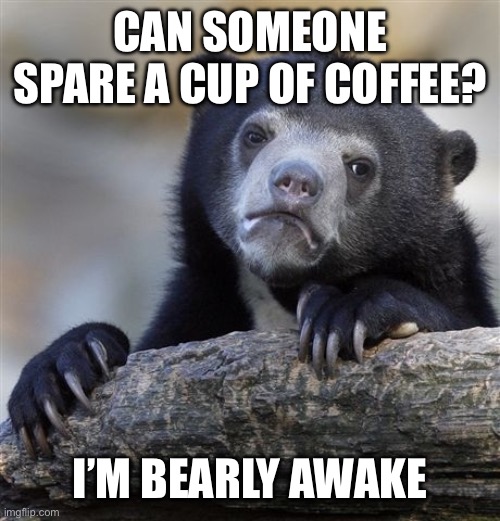 Barely awake | CAN SOMEONE SPARE A CUP OF COFFEE? I’M BEARLY AWAKE | image tagged in memes,confession bear | made w/ Imgflip meme maker