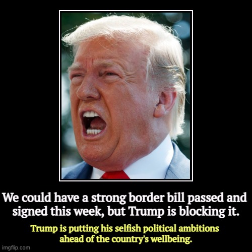 We could have a strong border bill passed and 
signed this week, but Trump is blocking it. | Trump is putting his selfish political ambition | image tagged in funny,demotivationals,secure the border,trump,stop,block | made w/ Imgflip demotivational maker