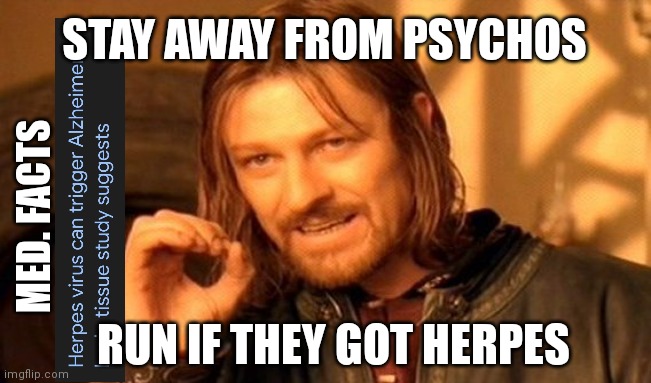 One Does Not Simply Meme | STAY AWAY FROM PSYCHOS; MED. FACTS; RUN IF THEY GOT HERPES | image tagged in memes,one does not simply | made w/ Imgflip meme maker