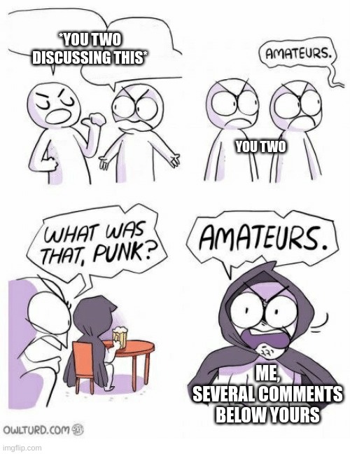 Amateurs | *YOU TWO DISCUSSING THIS* YOU TWO ME, SEVERAL COMMENTS BELOW YOURS | image tagged in amateurs | made w/ Imgflip meme maker