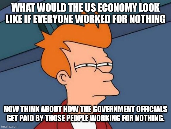 Futurama Fry | WHAT WOULD THE US ECONOMY LOOK LIKE IF EVERYONE WORKED FOR NOTHING; NOW THINK ABOUT HOW THE GOVERNMENT OFFICIALS GET PAID BY THOSE PEOPLE WORKING FOR NOTHING. | image tagged in memes,futurama fry | made w/ Imgflip meme maker