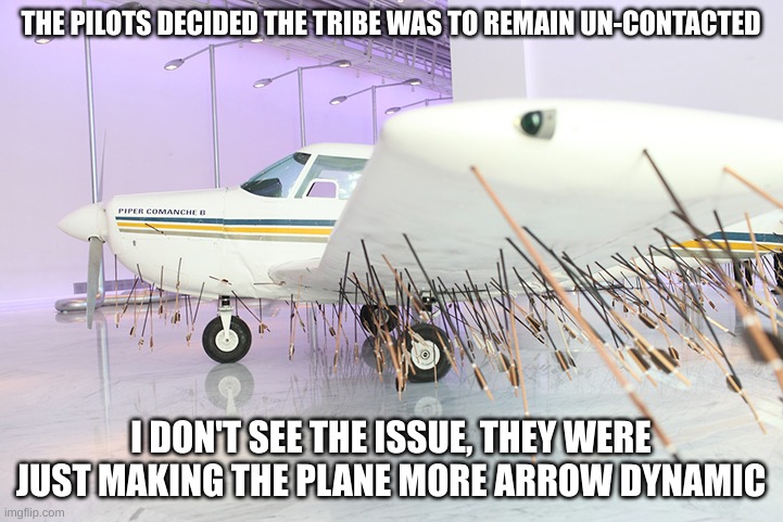 The pilots really screwed up | THE PILOTS DECIDED THE TRIBE WAS TO REMAIN UN-CONTACTED; I DON'T SEE THE ISSUE, THEY WERE JUST MAKING THE PLANE MORE ARROW DYNAMIC | image tagged in arrow plane,big mistake | made w/ Imgflip meme maker