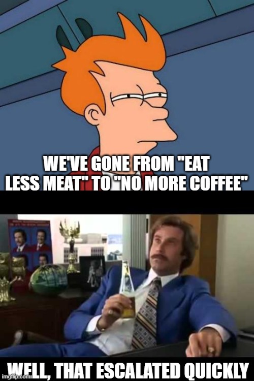 World Economic Forum wish list | WE'VE GONE FROM "EAT LESS MEAT" TO "NO MORE COFFEE"; WELL, THAT ESCALATED QUICKLY | image tagged in memes,futurama fry,well that escalated quickly | made w/ Imgflip meme maker