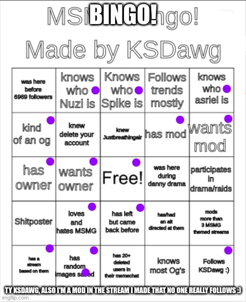 MSMG Bingo! | BINGO! TY KSDAWG, ALSO I'M A MOD IN THE STREAM I MADE THAT NO ONE REALLY FOLLOWS :) | image tagged in msmg bingo | made w/ Imgflip meme maker