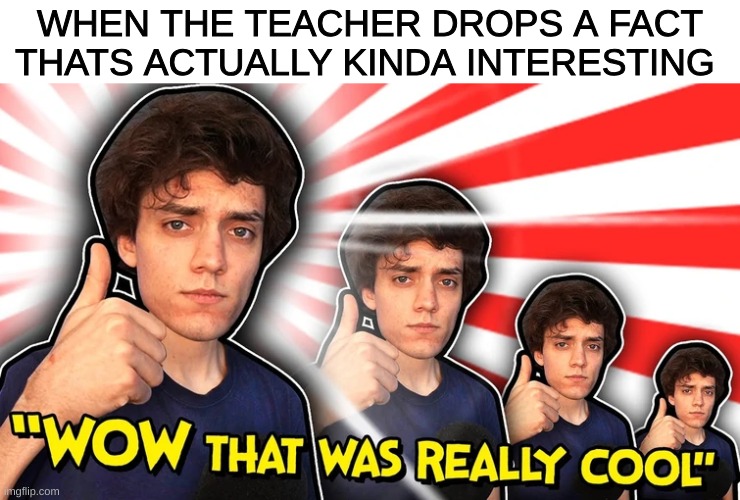 School aint fun but learning is right? | WHEN THE TEACHER DROPS A FACT THATS ACTUALLY KINDA INTERESTING | image tagged in wow that was really cool,school,teacher | made w/ Imgflip meme maker
