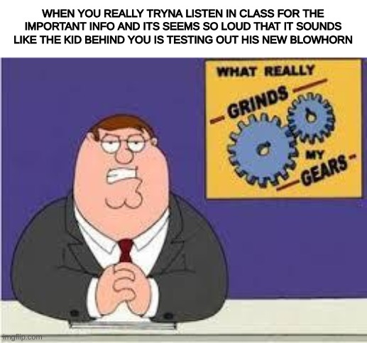 Whr are the idiots so loud at 10 AM???? | WHEN YOU REALLY TRYNA LISTEN IN CLASS FOR THE IMPORTANT INFO AND ITS SEEMS SO LOUD THAT IT SOUNDS LIKE THE KID BEHIND YOU IS TESTING OUT HIS NEW BLOWHORN | image tagged in you know what really grinds my gears,school,teacher,social | made w/ Imgflip meme maker