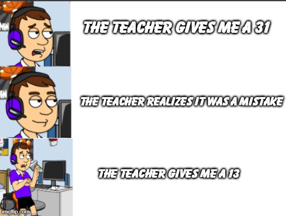how | THE TEACHER GIVES ME A 31; THE TEACHER REALIZES IT WAS A MISTAKE; THE TEACHER GIVES ME A 13 | image tagged in shocked neutral shocked,goanimate,vyond | made w/ Imgflip meme maker