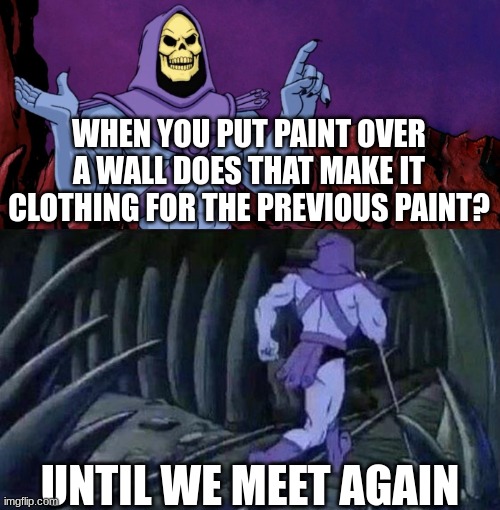 makes me wonder | WHEN YOU PUT PAINT OVER A WALL DOES THAT MAKE IT CLOTHING FOR THE PREVIOUS PAINT? UNTIL WE MEET AGAIN | image tagged in he man skeleton advices,until we meet again,skeletor until we meet again,heman,he-man | made w/ Imgflip meme maker