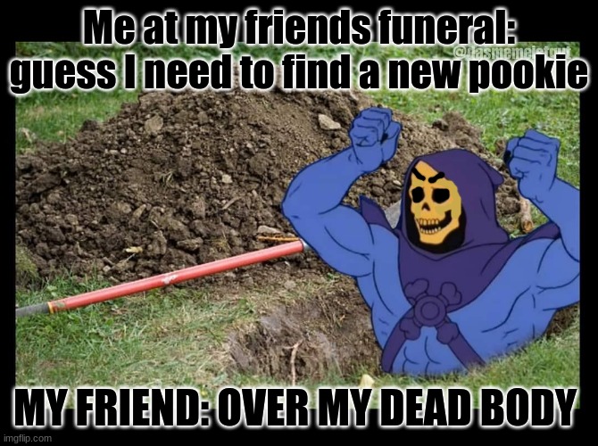 pookies be like | Me at my friends funeral: guess I need to find a new pookie; MY FRIEND: OVER MY DEAD BODY | image tagged in skeleton | made w/ Imgflip meme maker