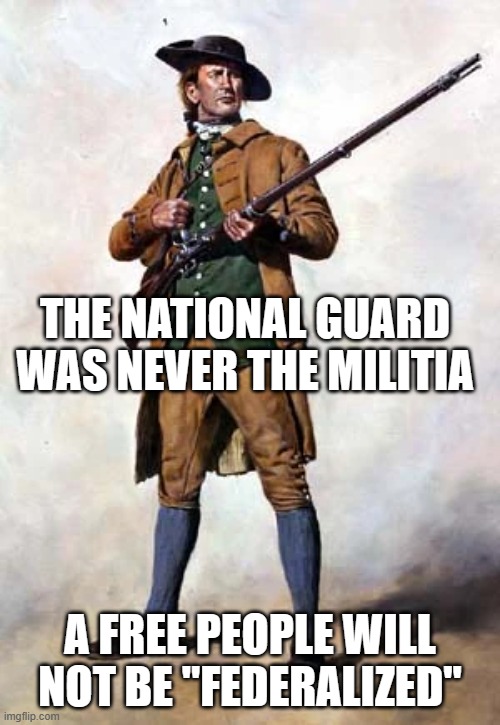 mlitia | THE NATIONAL GUARD WAS NEVER THE MILITIA; A FREE PEOPLE WILL NOT BE "FEDERALIZED" | image tagged in militia,national,guard,federalized,federal,government | made w/ Imgflip meme maker
