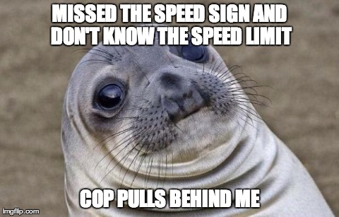 Awkward Moment Sealion Meme | MISSED THE SPEED SIGN AND DON'T KNOW THE SPEED LIMIT COP PULLS BEHIND ME | image tagged in awkward seal,AdviceAnimals | made w/ Imgflip meme maker