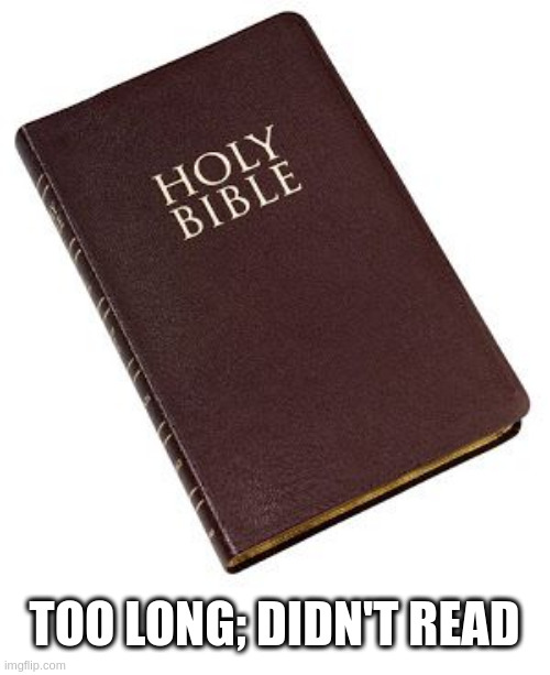 Holy Bible | TOO LONG; DIDN'T READ | image tagged in holy bible | made w/ Imgflip meme maker