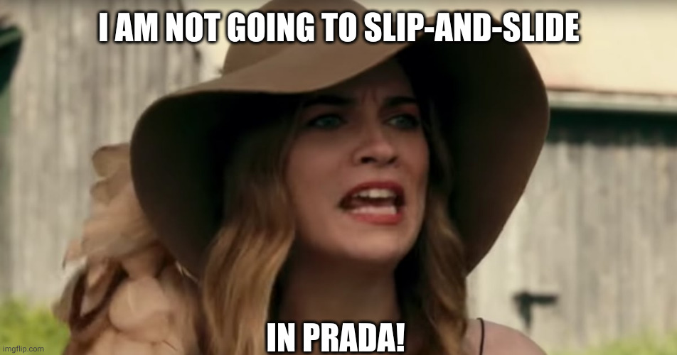 This isn't a garden party! | I AM NOT GOING TO SLIP-AND-SLIDE; IN PRADA! | image tagged in ew david alexis,slip-and-slide,no fun,memes,schitt's creek,garden party | made w/ Imgflip meme maker