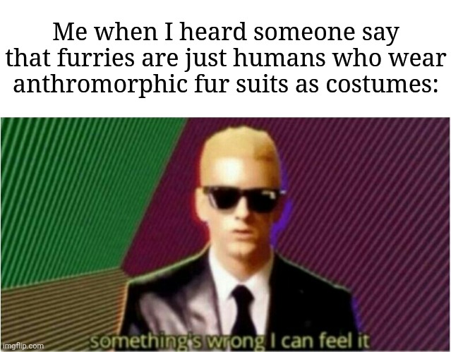And no, I'm not a furry, but I respect non-sus furries. | Me when I heard someone say that furries are just humans who wear anthromorphic fur suits as costumes: | image tagged in rap god - something's wrong,memes,funny,furries | made w/ Imgflip meme maker