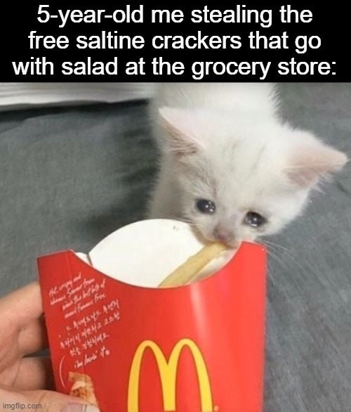 some of you may know what i'm talking about | 5-year-old me stealing the free saltine crackers that go with salad at the grocery store: | image tagged in cat stealing mcdonalds fry,steal,free,crackers | made w/ Imgflip meme maker