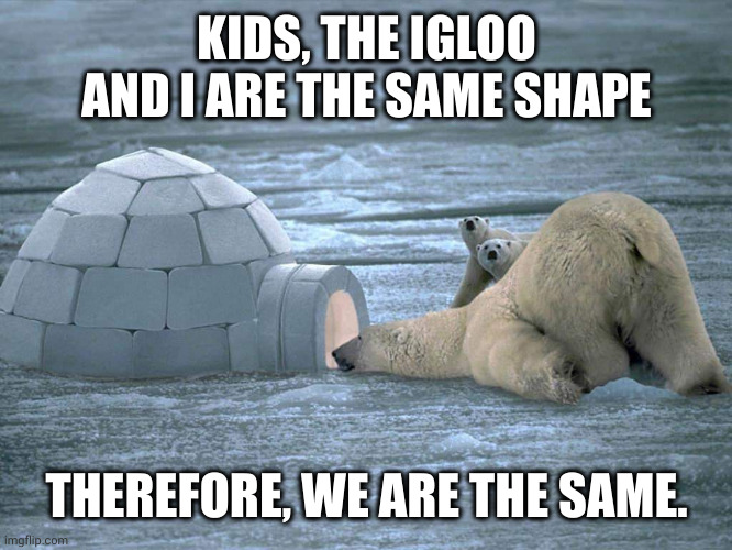 Bear home schooling | KIDS, THE IGLOO AND I ARE THE SAME SHAPE; THEREFORE, WE ARE THE SAME. | image tagged in polar bear igloo,illogical,reasoning,memes,stay in school,homeschool | made w/ Imgflip meme maker