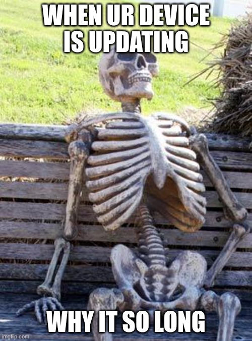 Waiting Skeleton Meme | WHEN UR DEVICE IS UPDATING; WHY IT SO LONG | image tagged in memes,waiting skeleton | made w/ Imgflip meme maker