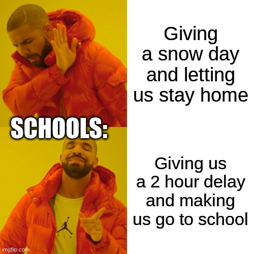 Real | Giving a snow day and letting us stay home; SCHOOLS:; Giving us a 2 hour delay and making us go to school | image tagged in memes,drake hotline bling | made w/ Imgflip meme maker