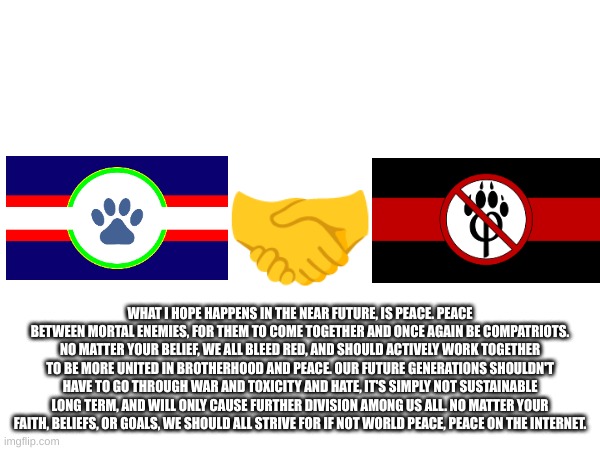 public message.jpg | 🤝; WHAT I HOPE HAPPENS IN THE NEAR FUTURE, IS PEACE. PEACE BETWEEN MORTAL ENEMIES, FOR THEM TO COME TOGETHER AND ONCE AGAIN BE COMPATRIOTS. NO MATTER YOUR BELIEF, WE ALL BLEED RED, AND SHOULD ACTIVELY WORK TOGETHER TO BE MORE UNITED IN BROTHERHOOD AND PEACE. OUR FUTURE GENERATIONS SHOULDN'T HAVE TO GO THROUGH WAR AND TOXICITY AND HATE, IT'S SIMPLY NOT SUSTAINABLE LONG TERM, AND WILL ONLY CAUSE FURTHER DIVISION AMONG US ALL. NO MATTER YOUR FAITH, BELIEFS, OR GOALS, WE SHOULD ALL STRIVE FOR IF NOT WORLD PEACE, PEACE ON THE INTERNET. | made w/ Imgflip meme maker