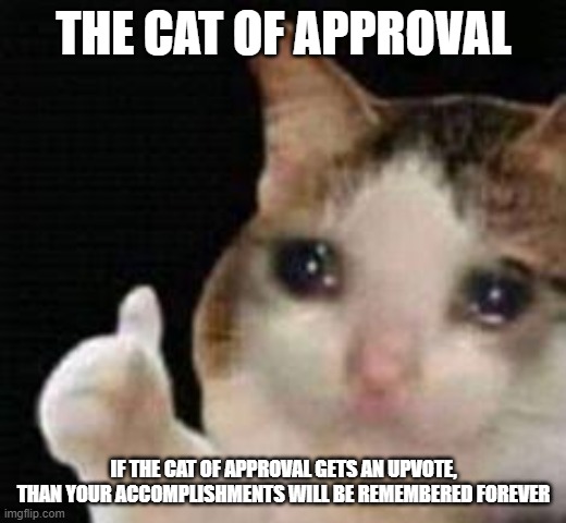 Approved crying cat | THE CAT OF APPROVAL IF THE CAT OF APPROVAL GETS AN UPVOTE, THAN YOUR ACCOMPLISHMENTS WILL BE REMEMBERED FOREVER | image tagged in approved crying cat | made w/ Imgflip meme maker