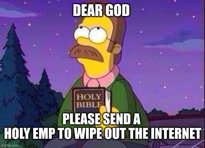 God's Electromagnetic Pulse is our only Salvation | DEAR GOD; PLEASE SEND A 
HOLY EMP TO WIPE OUT THE INTERNET | image tagged in ned flanders and bible,memes,prayer,internet,private internal screaming,bible | made w/ Imgflip meme maker