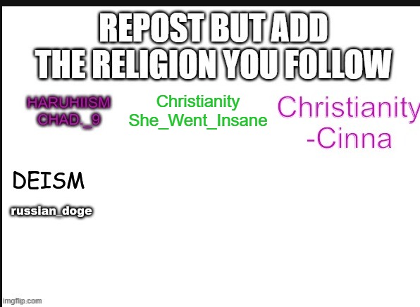 Christianity
She_Went_Insane | made w/ Imgflip meme maker