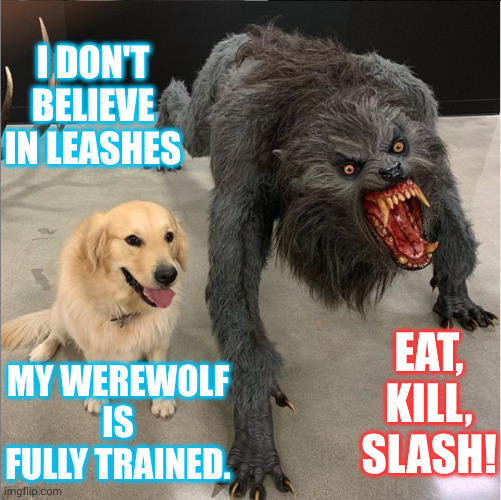 My werewolf doesn't need a leash | I DON'T BELIEVE IN LEASHES; EAT, KILL, SLASH! MY WEREWOLF IS FULLY TRAINED. | image tagged in dog vs werewolf,inner thoughts,memes,fully trained,heal,no worries | made w/ Imgflip meme maker
