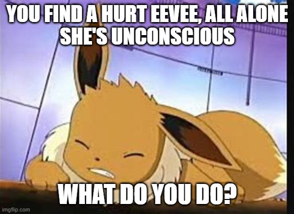 i found this stream on a memeplug (no inappropriate suggestions) | YOU FIND A HURT EEVEE, ALL ALONE
SHE'S UNCONSCIOUS; WHAT DO YOU DO? | made w/ Imgflip meme maker