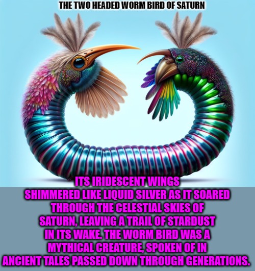 THE TWO HEADED WORM BIRD OF SATURN; ITS IRIDESCENT WINGS SHIMMERED LIKE LIQUID SILVER AS IT SOARED THROUGH THE CELESTIAL SKIES OF SATURN, LEAVING A TRAIL OF STARDUST IN ITS WAKE. THE WORM BIRD WAS A MYTHICAL CREATURE, SPOKEN OF IN ANCIENT TALES PASSED DOWN THROUGH GENERATIONS. | made w/ Imgflip meme maker