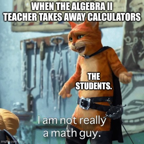 ME! | WHEN THE ALGEBRA II TEACHER TAKES AWAY CALCULATORS; THE STUDENTS. | image tagged in i m not really a math guy,funny memes,school,math | made w/ Imgflip meme maker