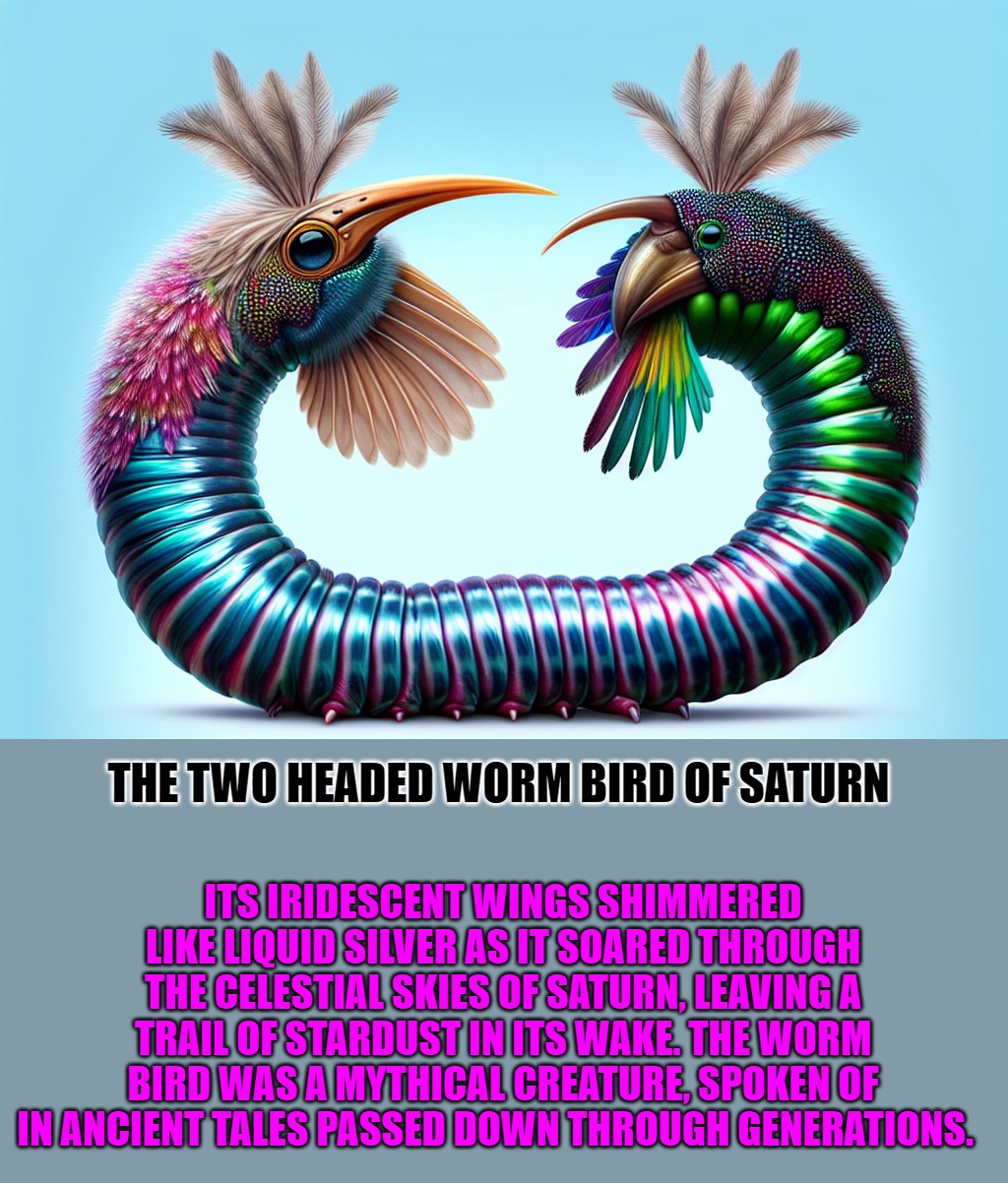 ITS IRIDESCENT WINGS SHIMMERED LIKE LIQUID SILVER AS IT SOARED THROUGH THE CELESTIAL SKIES OF SATURN, LEAVING A TRAIL OF STARDUST IN ITS WAKE. THE WORM BIRD WAS A MYTHICAL CREATURE, SPOKEN OF IN ANCIENT TALES PASSED DOWN THROUGH GENERATIONS. THE TWO HEADED WORM BIRD OF SATURN | made w/ Imgflip meme maker