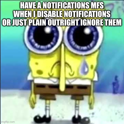 Sad Spongebob | HAVE A NOTIFICATIONS MFS WHEN I DISABLE NOTIFICATIONS OR JUST PLAIN OUTRIGHT IGNORE THEM | image tagged in sad spongebob | made w/ Imgflip meme maker