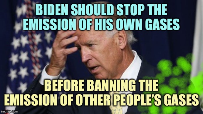 He Dealt It | BIDEN SHOULD STOP THE EMISSION OF HIS OWN GASES; BEFORE BANNING THE EMISSION OF OTHER PEOPLE’S GASES | image tagged in joe biden worries,memes,flatulence | made w/ Imgflip meme maker