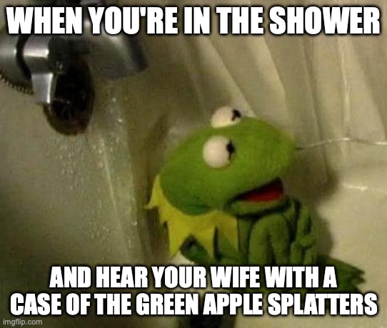 shower | WHEN YOU'RE IN THE SHOWER; AND HEAR YOUR WIFE WITH A CASE OF THE GREEN APPLE SPLATTERS | image tagged in kermit on shower | made w/ Imgflip meme maker