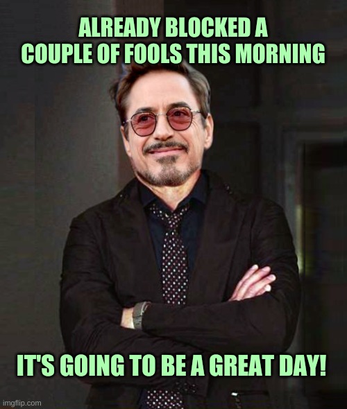 That Face You Make Smile | ALREADY BLOCKED A COUPLE OF FOOLS THIS MORNING; IT'S GOING TO BE A GREAT DAY! | image tagged in that face you make smile,blocked,good morning,that would be great,great,fools | made w/ Imgflip meme maker