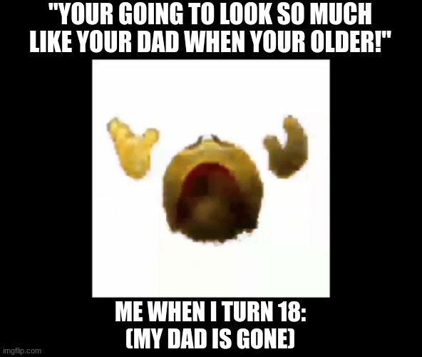AAAAAAAaaaaa | "YOUR GOING TO LOOK SO MUCH LIKE YOUR DAD WHEN YOUR OLDER!"; ME WHEN I TURN 18:
(MY DAD IS GONE) | image tagged in screaming vanishing smiley,screaming | made w/ Imgflip meme maker