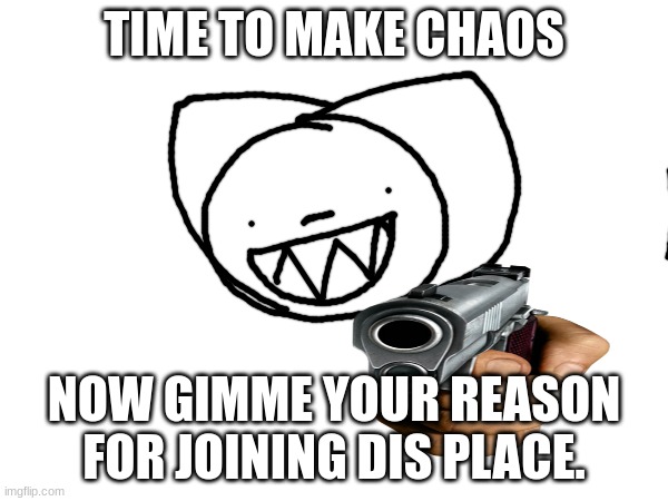 TIME TO MAKE CHAOS; NOW GIMME YOUR REASON FOR JOINING DIS PLACE. | made w/ Imgflip meme maker