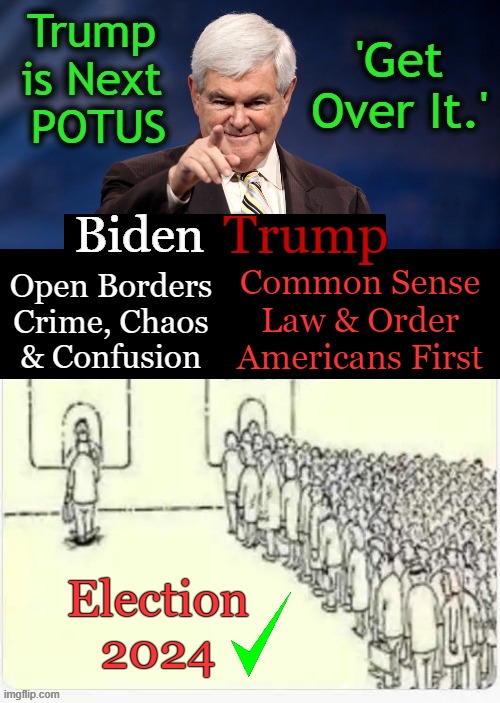 Newt Nailed It! | Biden; Trump; Common Sense
Law & Order
Americans First; Open Borders
Crime, Chaos
& Confusion; Election 2024 | image tagged in political,joe biden,donald trump,election,common sense,newt gingrich | made w/ Imgflip meme maker