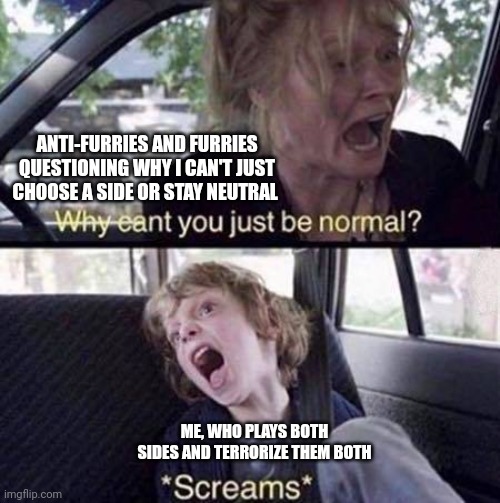 Why Can't You Just Be Normal | ANTI-FURRIES AND FURRIES QUESTIONING WHY I CAN'T JUST CHOOSE A SIDE OR STAY NEUTRAL; ME, WHO PLAYS BOTH SIDES AND TERRORIZE THEM BOTH | image tagged in why can't you just be normal | made w/ Imgflip meme maker