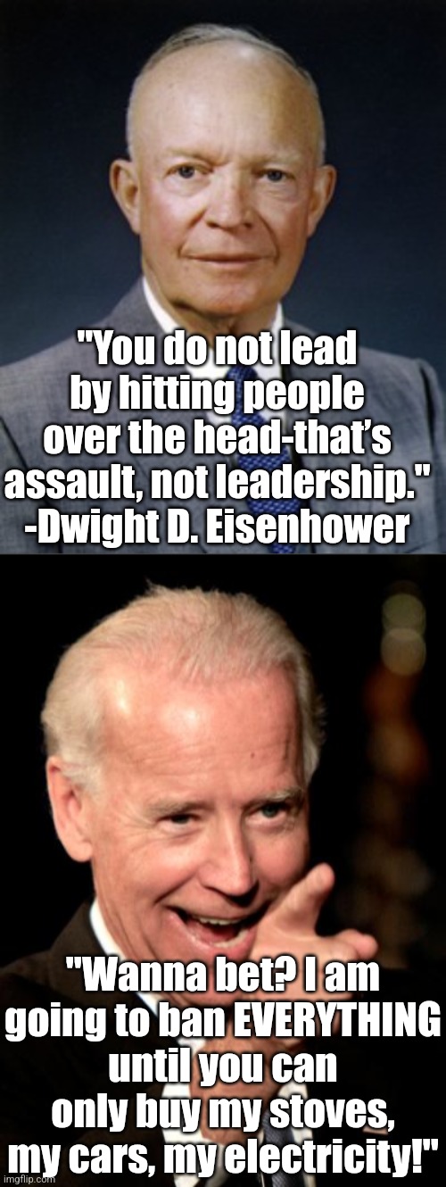 Kids, old men in the White House is not the problem. Insane old men who are career politicians is the problem. | "You do not lead by hitting people over the head-that’s assault, not leadership." -Dwight D. Eisenhower; "Wanna bet? I am going to ban EVERYTHING until you can only buy my stoves, my cars, my electricity!" | image tagged in dwight d eisenhower,smilin biden,liberals,hypocrites,democrats,expectation vs reality | made w/ Imgflip meme maker