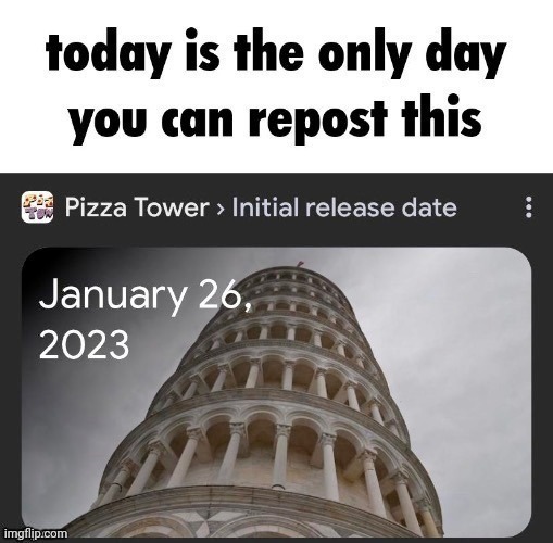 you can repost this every January 26 | image tagged in pizza tower repost | made w/ Imgflip meme maker