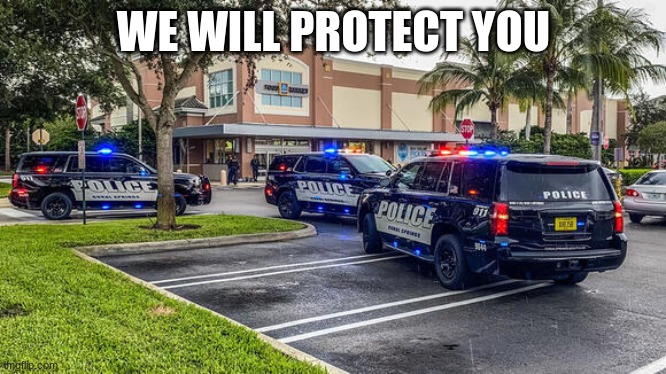 police cars | WE WILL PROTECT YOU | image tagged in police cars | made w/ Imgflip meme maker